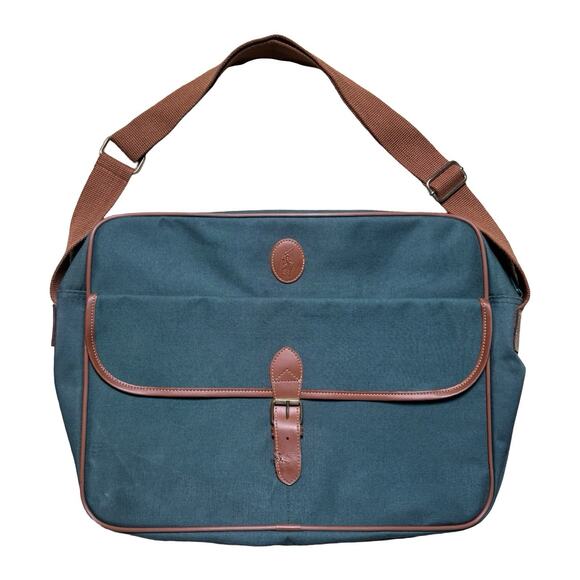 Polo Ralph Lauren VTG Green Messenger Bag Brown Leather Trim Shoulder Laptop Bag - Picture 1 of 7